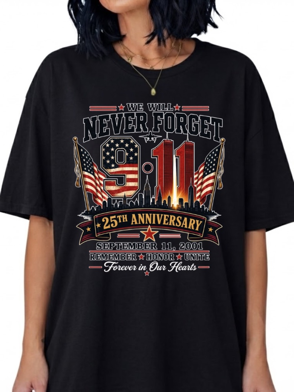 We Will Never Forget 9/11 25th Anniversary Black Graphic Tee